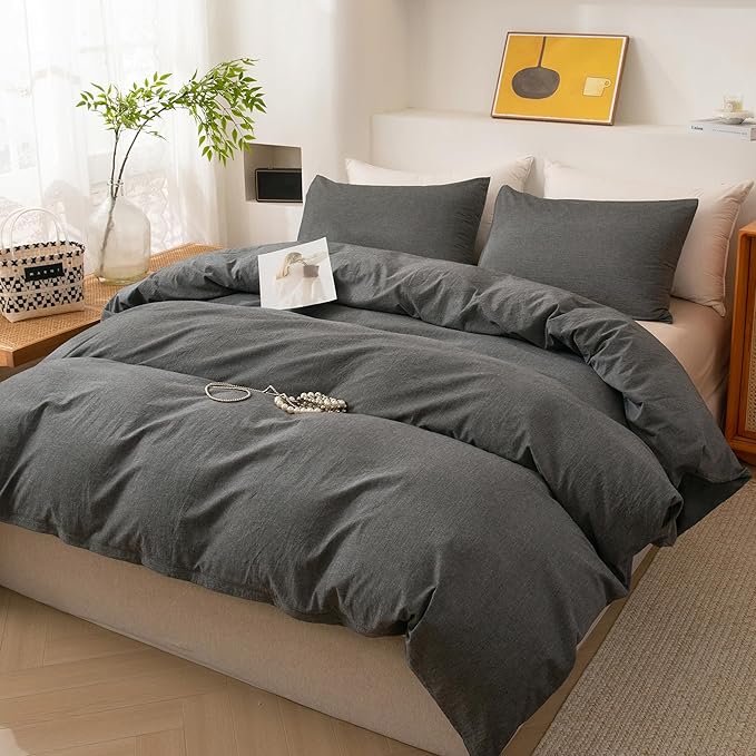 ECOCOTT Duvet Cover Set, 100% Washed Cotton Linen-Like Textured Soft & Breathable, Durable Comfy Bedding Set for All Seasons (Grey, Twin)