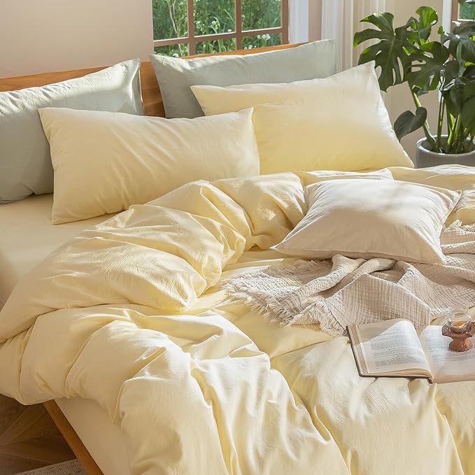 MooMee Bedding Duvet Cover Set 100% Washed Cotton Linen Like Textured Breathable Durable Soft Comfy (Heathered Butter Yellow, Queen 90"x90")