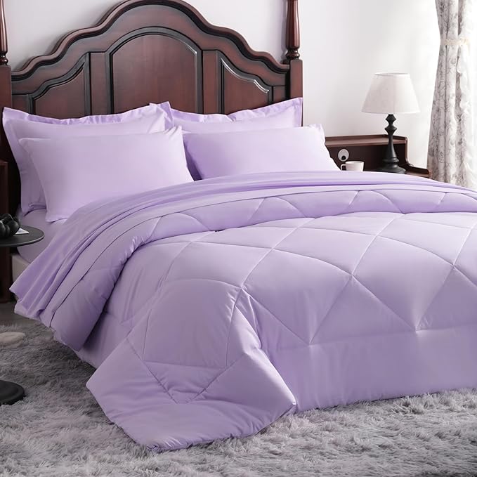 NTBAY King Comforter Set with Sheets, 7 Pieces Soft and Breathable King Bedding Set, Bed in a Bag, Down Alternative Comforter Set Solid Color All Season, Light Purple
