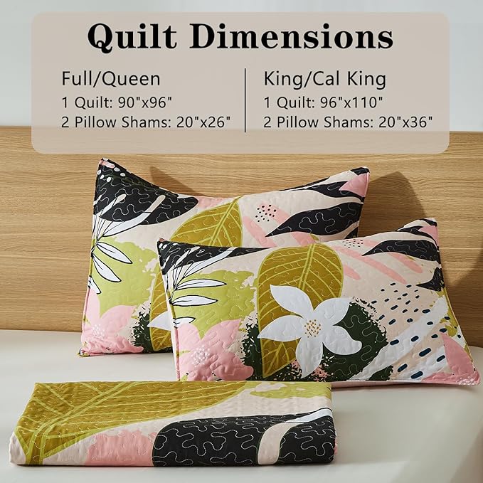 Yogeneg Queen Quilt Bedding Set,Elegant Botanical Pattern Oliver Green Full/Queen Quilt Set,3 Piece Lightweight Soft Summer Bedspread Coverlet with 2 PIillow Shams,All Season(Oliver Green,90"x96")