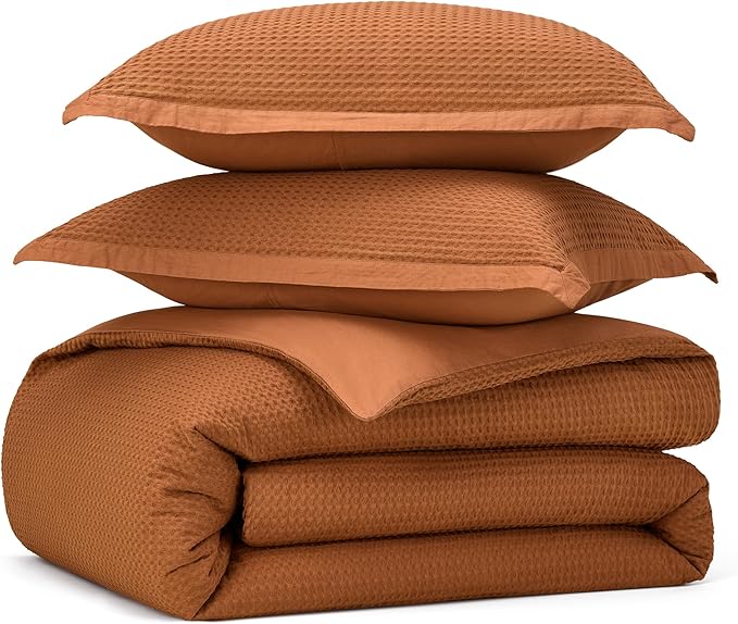 Bedsure Cotton Duvet Cover Queen Size - 100% Cotton Waffle Weave Terracotta Duvet Cover Queen Size, GentleSoft™ and Breathable Bedding Set for All Season, 3 Pieces, 90"x90"