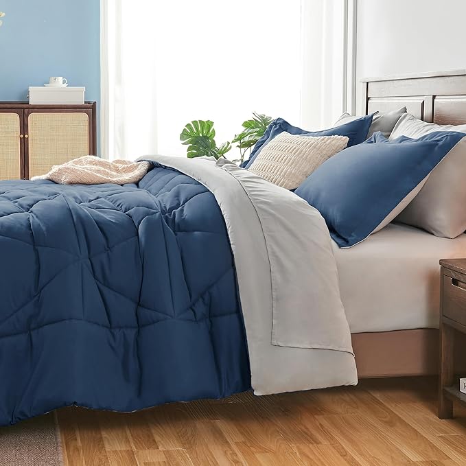 BEDELITE Queen Comforter Set 7 Pieces Bed in A Bag - Soft Microfiber Reversible Calm Blue Bed Set with Comforters, Sheets, Pillowcases & Shams, Cozy Luxury Bedding Sets for All Season
