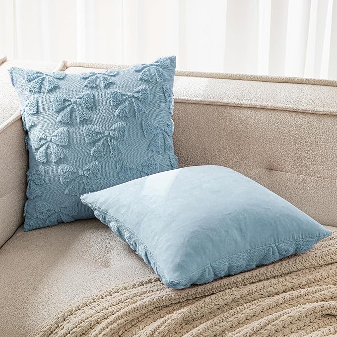 MIULEE Blue Bow Pillow Covers Coquette Room Decor Aesthetic Set of 2 Decorative Cute Girl Vlentine Pillow Covers Spring Soft Plush Faux Pillowcase for Preppy Room Decor Bedroom Couch,20x20 Inch