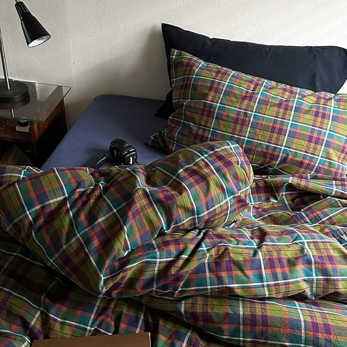 mixinni Buffalo Plaid Duvet Cover King Size - 100% Washed Cotton 3-Piece Bedding Set for All Seasons, Retro Grid Design, Soft Breathable Comforter Cover with Zipper Ties for Men, Women-King Size