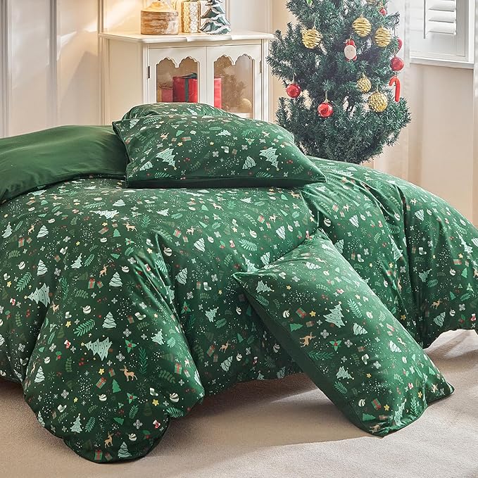 Lekesky Christmas Duvet Cover Queen Size,3 Pieces Reversible Duvet Cover Set with Red Snowflake Holiday Bedding Set with Zipper and 8 Corner Ties (Queen,90"x90"),Green