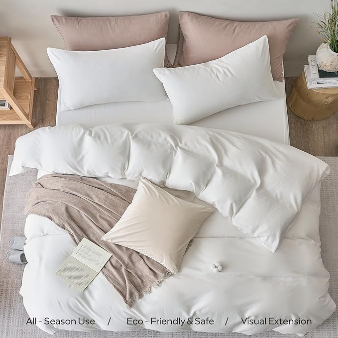 JELLYMONI Cotton Duvet Cover Queen Size - 100% Washed Cotton Linen Like Textured Comforter Cover, 3 Pieces Breathable Soft Bedding Set with Zipper Closure (Off White, Queen 90"x90")