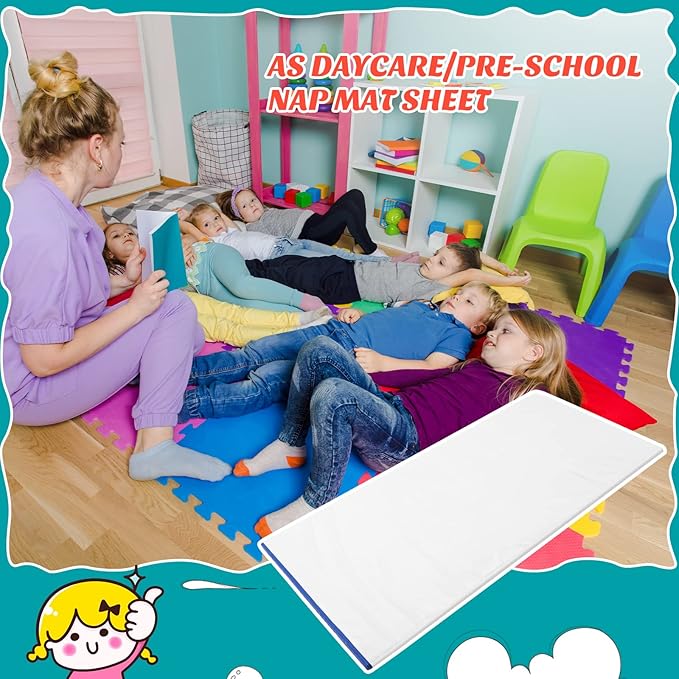 Lounsweer 10 Pcs Daycare Nap Mat Sheet 24 x 52 Day Care Rest Mat Cover Fitted Polyester Baby Pillowcase Style Sheets for Boy Girl Classroom Nursery Kindergarten Kid Sleeping, White