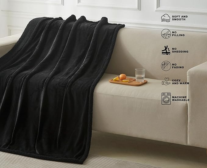 Black Sherpa Fleece Throw Blanket, Super Soft Fuzzy Flannel Blanket for Couch, Thick Warm Reversible Plush Blankets, Oeko-TEX Certified, Valentine’s Day Gifts, Black 50x60 Inches