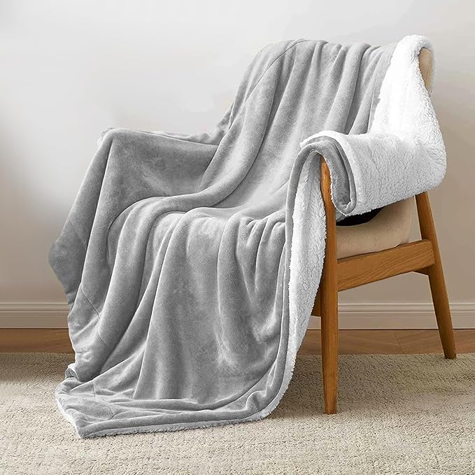 MOONLIGHT20015 Sherpa Blankets Queen Size - (Light Grey, 90X90 Inches) Fuzzy, Soft and Wool/Fleece Blanket for Bed, Fluffy Blankets for Winter, Camping and Travel