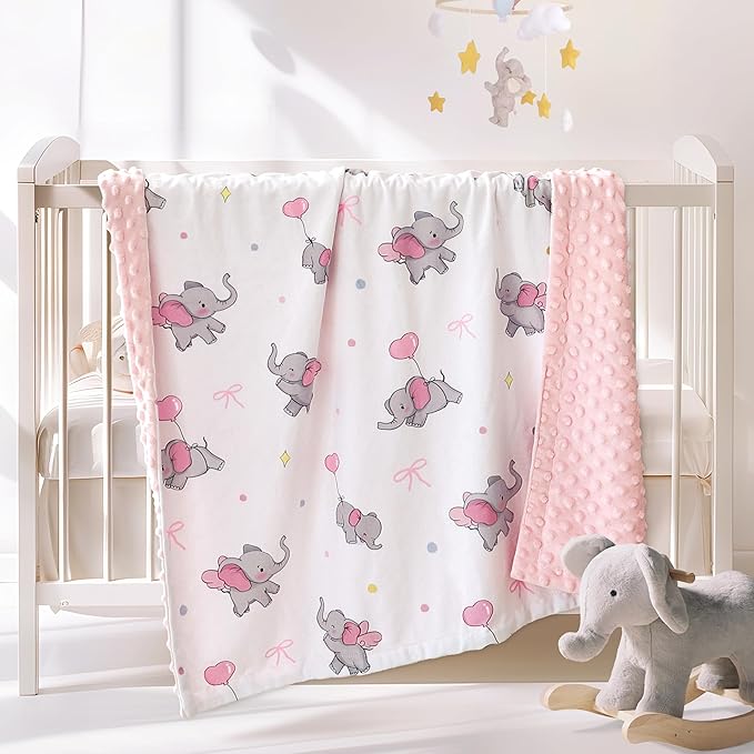 HOMRITAR Super Soft Baby Blanket for Girls, Elephant Print Minky Receiving Blanket for Newborn Nursery, Double Layer Dotted Backing Cozy Bed Throw, Pink, 30x40 Inch
