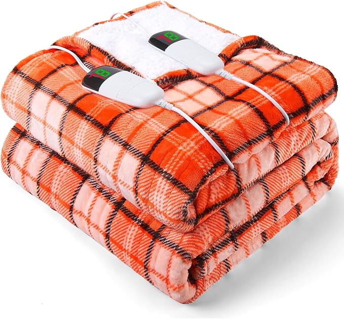 OCTROT Heated Electric Blanket Queen Size, 84X90 Heating Blanket Queen with Dual Control&10 Heats Levels&Timer for Bed,Orange Plaid Sherpa Blankets Warmer Gift for Grandma Women Halloween Home Decor