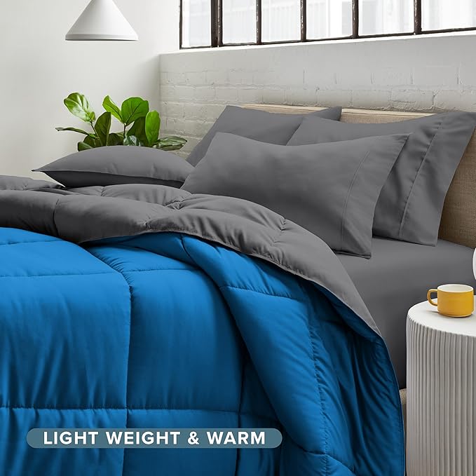 Bare Home Reversible Bed-in-A-Bag Comforter & Sheet Set - Twin - Down Alternative - Soft - Bedding Set (Twin, Medium Blue/Grey, Grey)