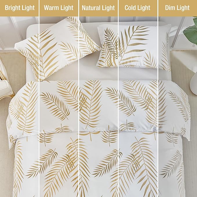 Lekesky King Duvet Cover Set, White and Gold Tropical Palm Leaf Pattern Comforter Cover King Size, 3 Pieces Soft Microfiber Bedding Sets with Zipper & 2 Pillowcases, Comforter Not Included