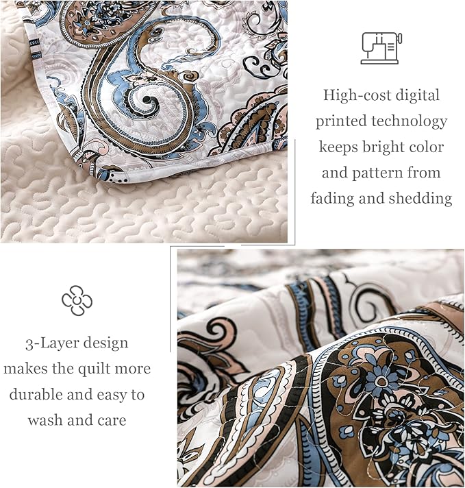 Whale Flotilla Reversible Printed Quilt King Size, Extra Soft Boho Paisley Floral Bedspreads for Bed Lightweight King Quilt Bedding Set Coverlets with 2 Pillow Shams for All Seasons, Bone Grey