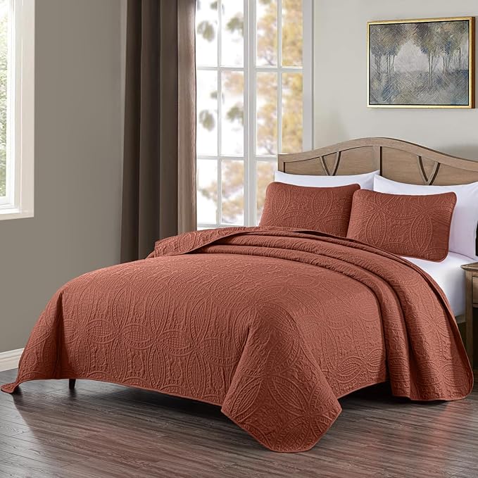 Chezmoi Collection Austin King Bedspread Set 3-Piece Pinsonic Quilted Oversized Bedspread Coverlet Set, King, Terracotta (Pack of 6)