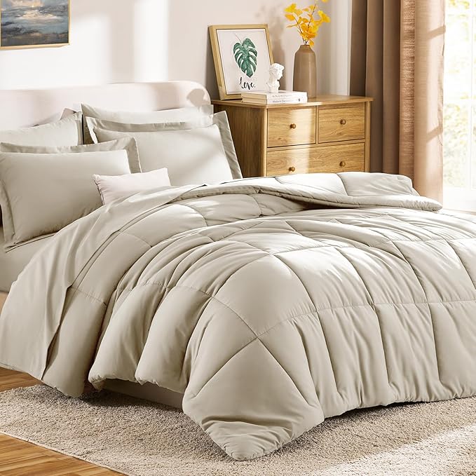CozyLux King Size Comforter Set Oatmeal - 7 Pieces Bed in a Bag King, Okeo-Tex Certifited Bedding Set, All Season Soft Bed Set with Down Alternative Comforter, Sheets, Pillowcases & Pillow Shams
