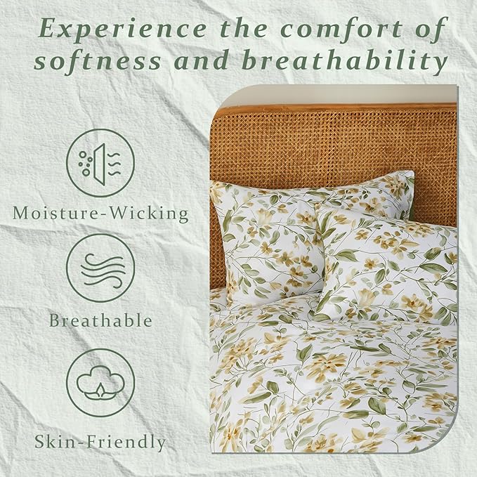 Green Floral Duvet Cover Set Twin Size Farmhouse Bedding Set Microfiber Soft Breathable Reversible Comforter Cover Alternative Down Cottage Bedroom Country Garden Aesthetic Home Bedding Décor