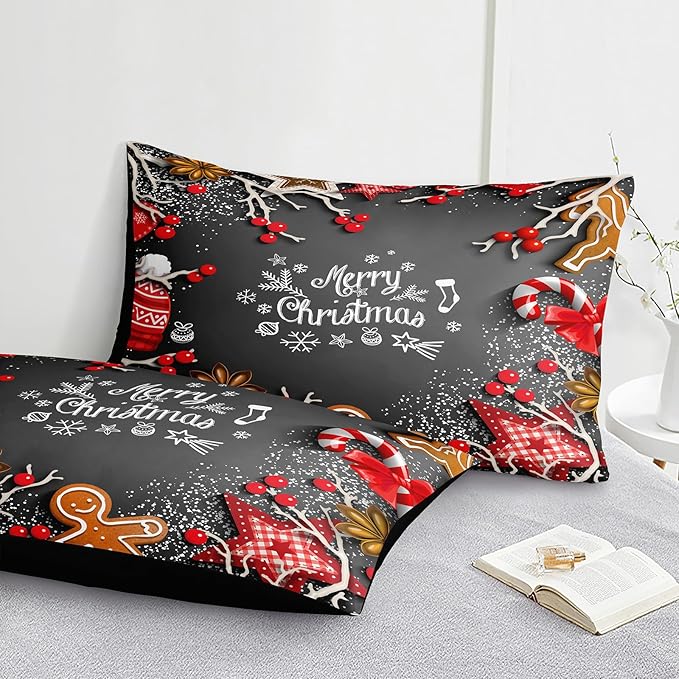 Bedbay Christmas Bedding Set King Size Red Christmas Comforter Set Cute Gingerbread Man and Snowflake Pattern Boys Girls Xmas Festival Bedding 4 Pcs Comforter Set(Xmas,King)
