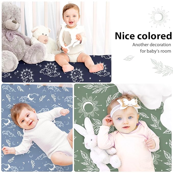 Baby Mini Crib Sheets Boy, Portable 38”x26” Pack and Play Sheets Fitted for Playard and Pack N Play Mattress, 3-Pack Soft Microfiber Blue Green Starry Sky