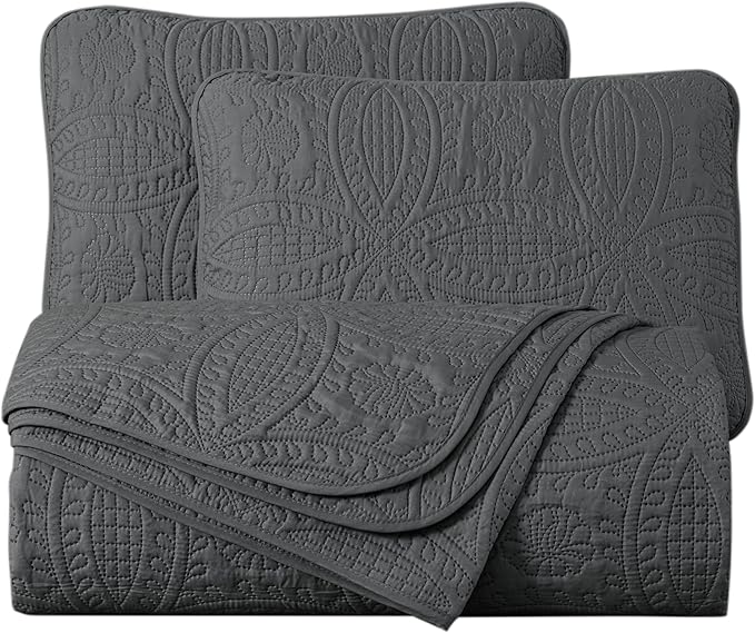 Chezmoi Collection Austin 3-Piece Oversized Bedspread Coverlet Set (King, Charcoal)