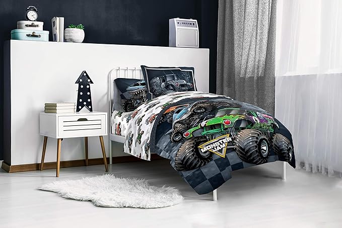 Jay Franco Monster Jam Slash 7 Piece Full Bed Set - Includes Reversible Comforter & Sheet- Bedding Features Grave Digger & Megalodon-Super Soft Fade Resistant Microfiber(Official Monster Jam Product)