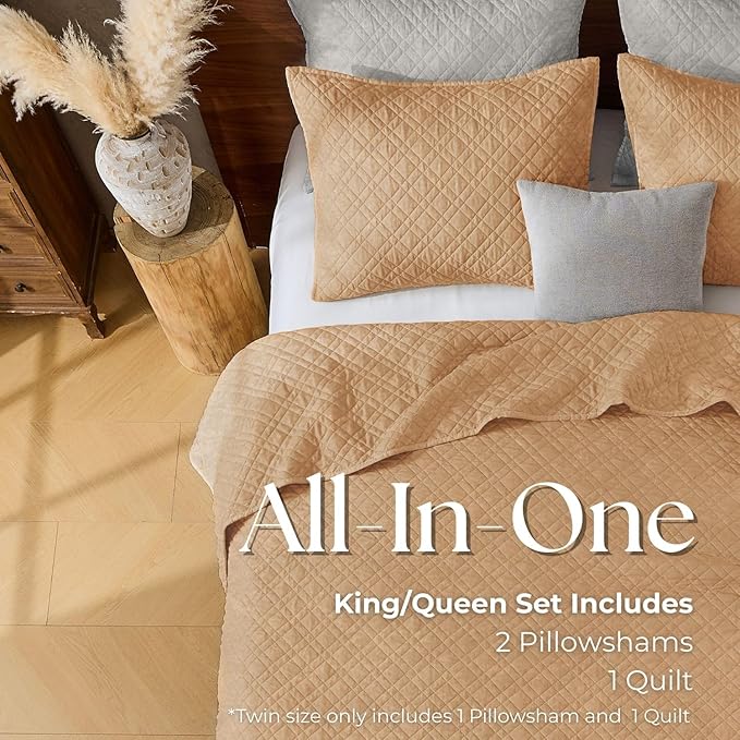 Cali King Quilt Set with Shams Lightweight Quilted Bedspread Coverlet Thin Comforter Bed Cover Vintage Washed Quilted Blanket for All Season, Brushed Microfiber Diamond Stitching, Brown, 111"x92"