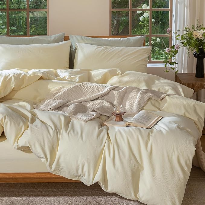 MooMee Bedding Duvet Cover Set 100% Washed Cotton Linen Like Textured Breathable Durable Soft Comfy (Solid Cream, King 104"x90")