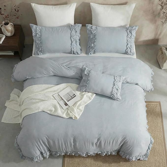 Bedrom Ruffled Queen Duvet Cover Set Blue Grey Bedding Set Shabby Chic Light Gray Boho Bedding Super Soft Lightweight Farmhouse Ruffle Duvet Cover Set for All Season
