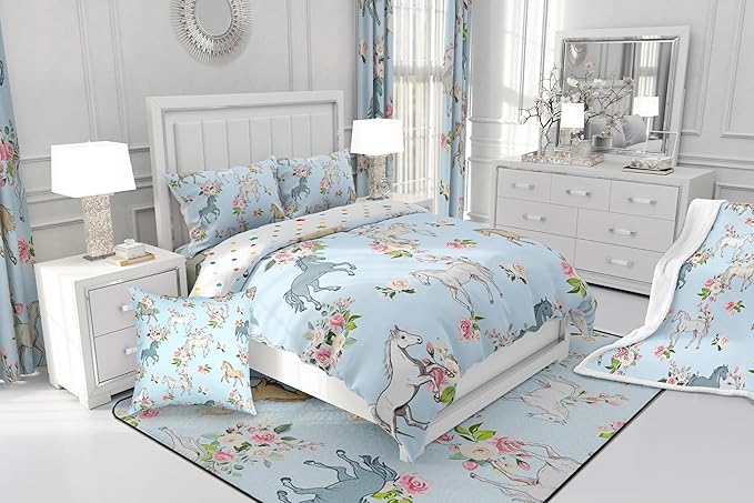 Horse Quilt Full Size, Farmhouse Western Cowboy Cowgirls Duvet Insert for Kids Boys Girls Teens, Cartoon Kawaii Horse Bedding Set, Rustic Rose Floral Comforter Set + 2 Pillow Cases