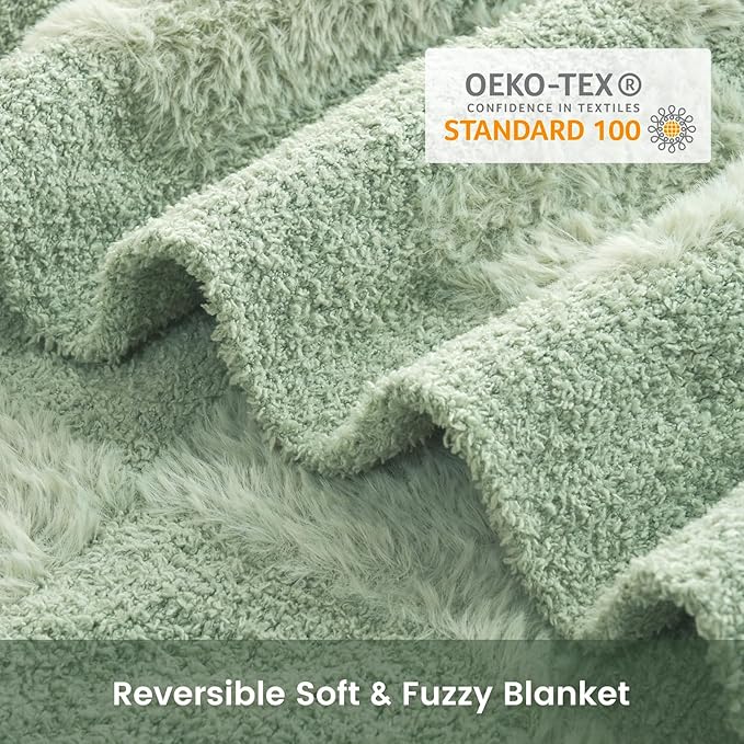 Snuggle Sac Faux Fur Checkered Blanket Twin Size with Soft Knitted Microfiber,Cozy Soft Warm Blanket for Sofa Bedroom Living Room,Solid Sage Green,60x80 inches