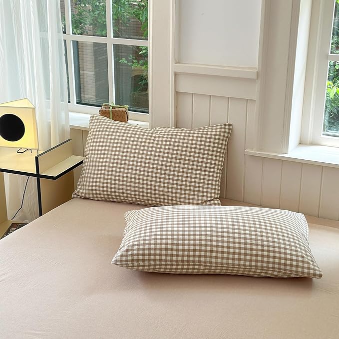 LifeTB Tan Gingham Duvet Cover Full 100% Washed Cotton Beige Taupe Plaid Duvet Cover 3 Pieces Checkered Grid Comforter Cover with Zipper Ties Luxury Soft Breathable Gingham Bedding Set Full