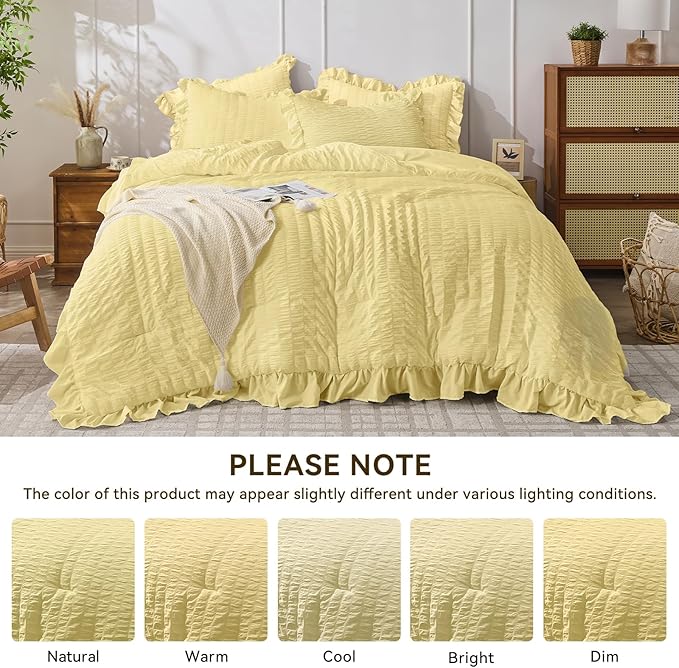 JOLLYVOGUE Twin Size Comforter Set, 2 Pieces Light Yellow Seersucker Lightweight Fluffy Bedding Set, Twin Ruffle Comforter, All Season Soft Microfiber Shabby Chic Bed Set