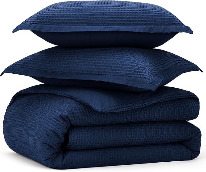 Bedsure Cotton Duvet Cover Set - 100% Cotton Waffle Weave Navy Duvet Cover Oversized King Size, GentleSoft™ and Breathable Bedding Set for All Season, 3 Pieces, 120"x98"