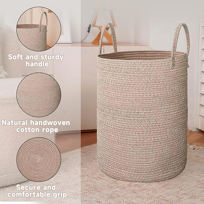 Large Woven Laundry Basket Hamper,60L Cotton Rope Storage Bin for Blankets,Toys and Clothes,Decorative Tall Nursery Hamper for Living Room,Baby Nursery,Bathroom and Bedroom,Oatmeal