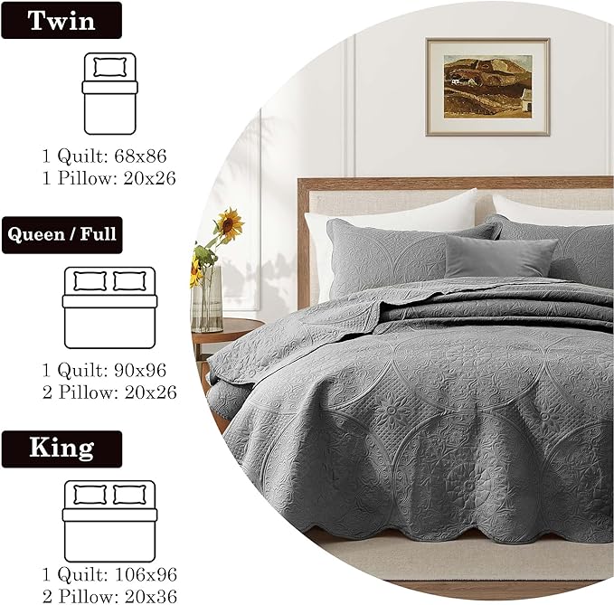 MOONLIGHT20015 8 Pack Quilt King Size Bedding (106" x 96") - Bulk Wholesale for Hotels, Guest Bedroom & Airbnbs - Lightweight Microfiber Reversible Floral Embossed Quilts Bedspreads (Grey)