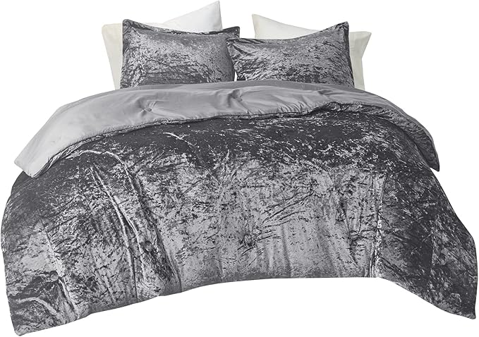 Comfort Spaces Juliette Luxe Comforter Set Velvet Lush with Soft Brushed Microfiber Reverse, All Season Cozy Velvet Bedding Sets, Fluffy Comforter Bed Set, Matching Sham, Grey Full/Queen 3 Piece