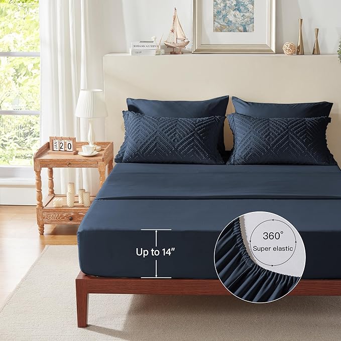 Zzlpp King Comforter Set 7 Pieces, Navy Blue Tufted Bed in a Bag with Comforter and Sheets, All Season Boho Bedding Sets with Comforter, 2 Pillow Shams, 2 Pillowcases, 1 Flat Sheet, 1 Fitted Sheet