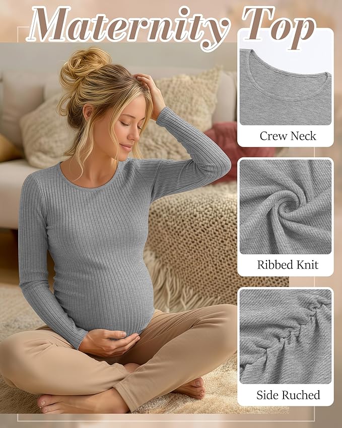 Huukeay 4 Pack Women's Maternity Shirts, Long Sleeve Cotton Ribbed Pregnancy Tops Side Ruched Crew Neck Casual Mama Clothes