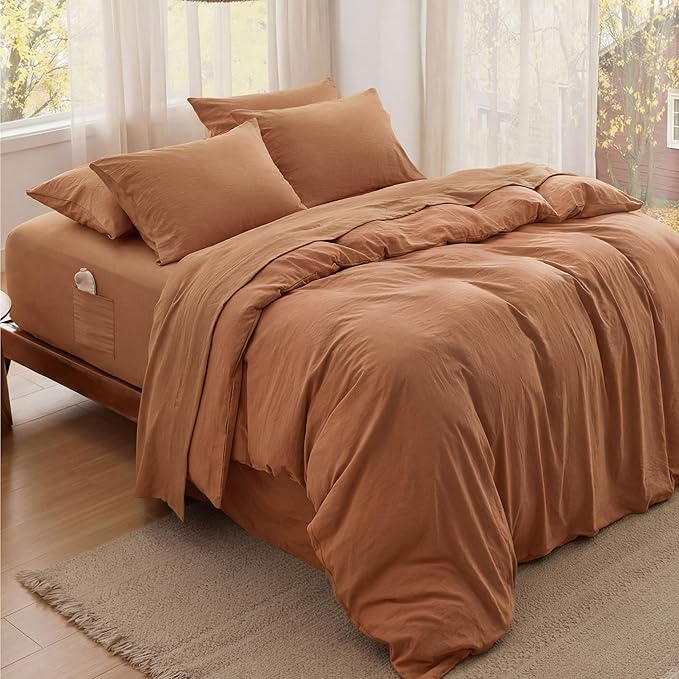 Bedsure Deep Pocket Queen Sheets - 6 Piece, Prewashed Ultra-Soft Queen Sheet Set, Fits Mattresses Up to 18 Inches Thick, Breathable & Secure Fit, Hotel Luxury Bedding, Burnt Orange