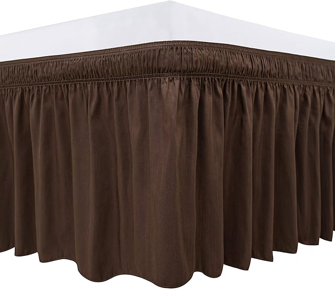 Wrap Around Bed Skirts Elastic Dust Ruffles, Easy Fit Wrinkle and Fade Resistant Silky Microfiber Fabric Solid Color Bedskirt, 12 Inch Tailored Drop Brown for Twin Size Bed Skirt