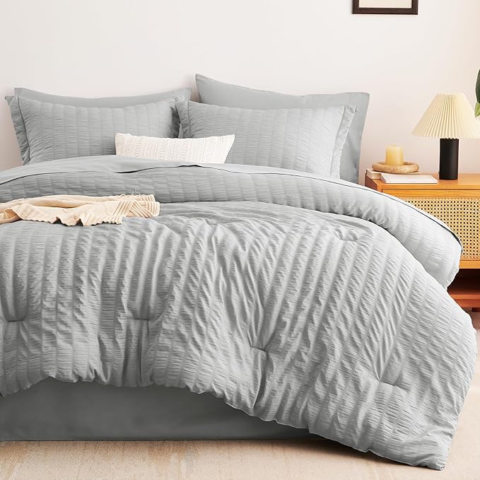 CozyLux King Size Comforter Set Light Grey Seersucker 7 Pieces Bed in a Bag King Comforter Set with Sheets, Luxury Bedding Set with Down Alternative Comforter, Sheets, Pillowcases & Shams All Seasons
