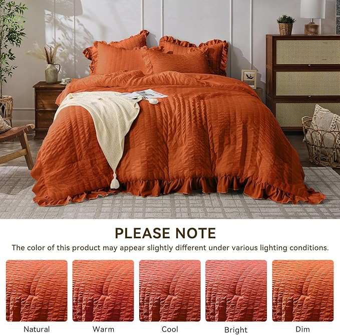 JOLLYVOGUE Burnt Orange Twin Size Comforter Set, 2 Pieces Seersucker Lightweight Fluffy Bedding Set, Twin Ruffle Comforter, All Season Soft Microfiber Shabby Chic Bed Set