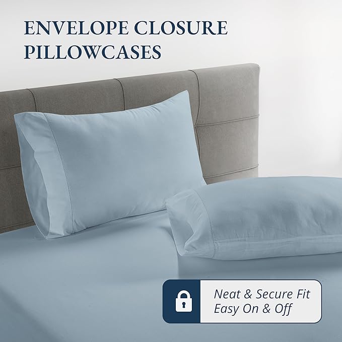 LANE LINEN Fitted Sheet King Size - 100% Organic Cotton, 3-Piece Set (1 Fitted Sheet,2 Pillowcases), Percale Weave, Ultra Soft, Breathable,Fits Mattress Upto 15" Deep -French Blue (No Flat Sheet)