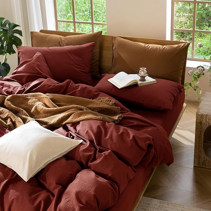 MooMee Bedding Duvet Cover Set 100% Washed Cotton Linen Like Textured Breathable Durable Soft Comfy (Solid Fired Brick Red, Cal King 104"x98")