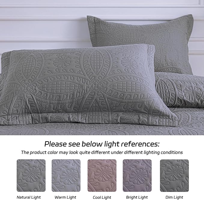 SheRest Queen Quilt Bedding Set - Gray Soft Breathable Bed Quilts, Modern Style Embossed Bedspreads, Lightweight Microfiber Reversible Coverlet for All Seasons-3 Pieces (1 Quilt,2 Pillow Shams)