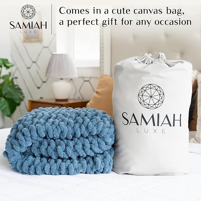 Samiah Luxe Chunky Knit Blanket Throw 50x60", Blue Chenille Chunky Knit Throw Blanket for Living Room Decor or Boho Decor, Thick Yarn Knitted Blankets for Couch or Bed, Cable Knitted Crochet Blankets
