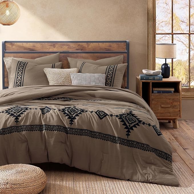 MaiRêve Embroidery Full Size Comforter Set Taupe Grey, Farmhouse Western Boho Bedding Set 7 Pieces, All Season Bed in A Bag Comforter Set with Sheets, Pillowcases & Shams