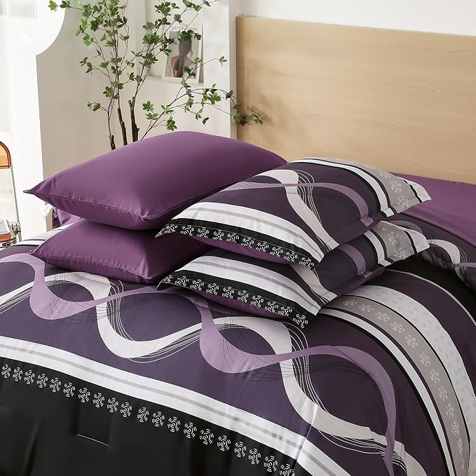 Anibedding Purple Comforter Set Full Size,8 Pieces Bed in a Bag Patchwork Striped Bedding Sets,Boho Soft Microfiber Bedding Set for All Season(78"×90")