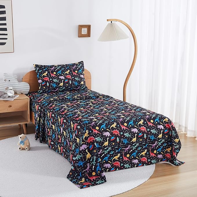 Kids Sheet Set Full Size, Full Sheet Set with Space Dinosaur Pattern,Breathable Silky Soft Microfiber Kids Fitted Sheet