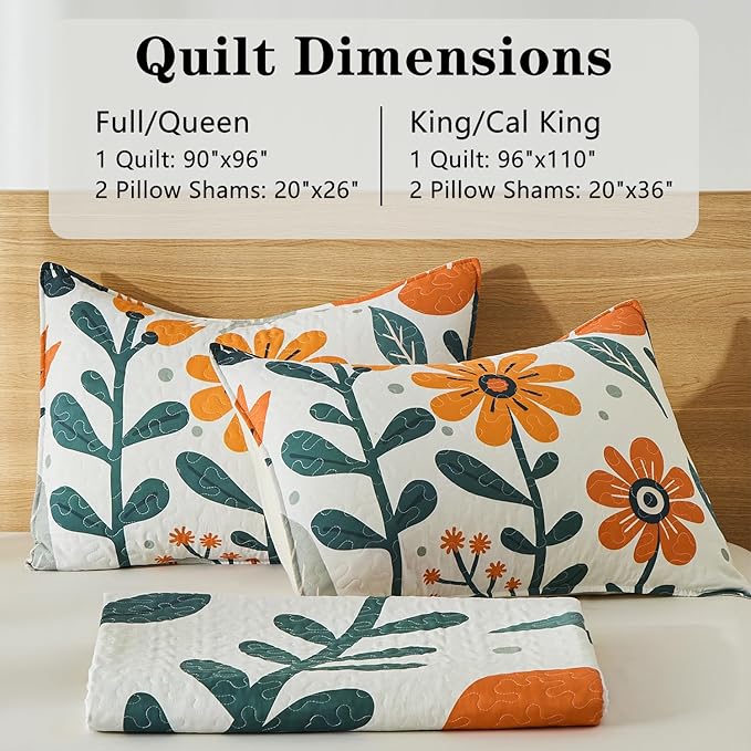 Yogeneg King Quilt Bedding Set,White Orange Botanical Pattern Beige King/Cal King Quilt Set,3 Piece Lightweight Soft Summer Bedspread Coverlet with 2 PIillow Shams,All Season(Beige,110"x96")